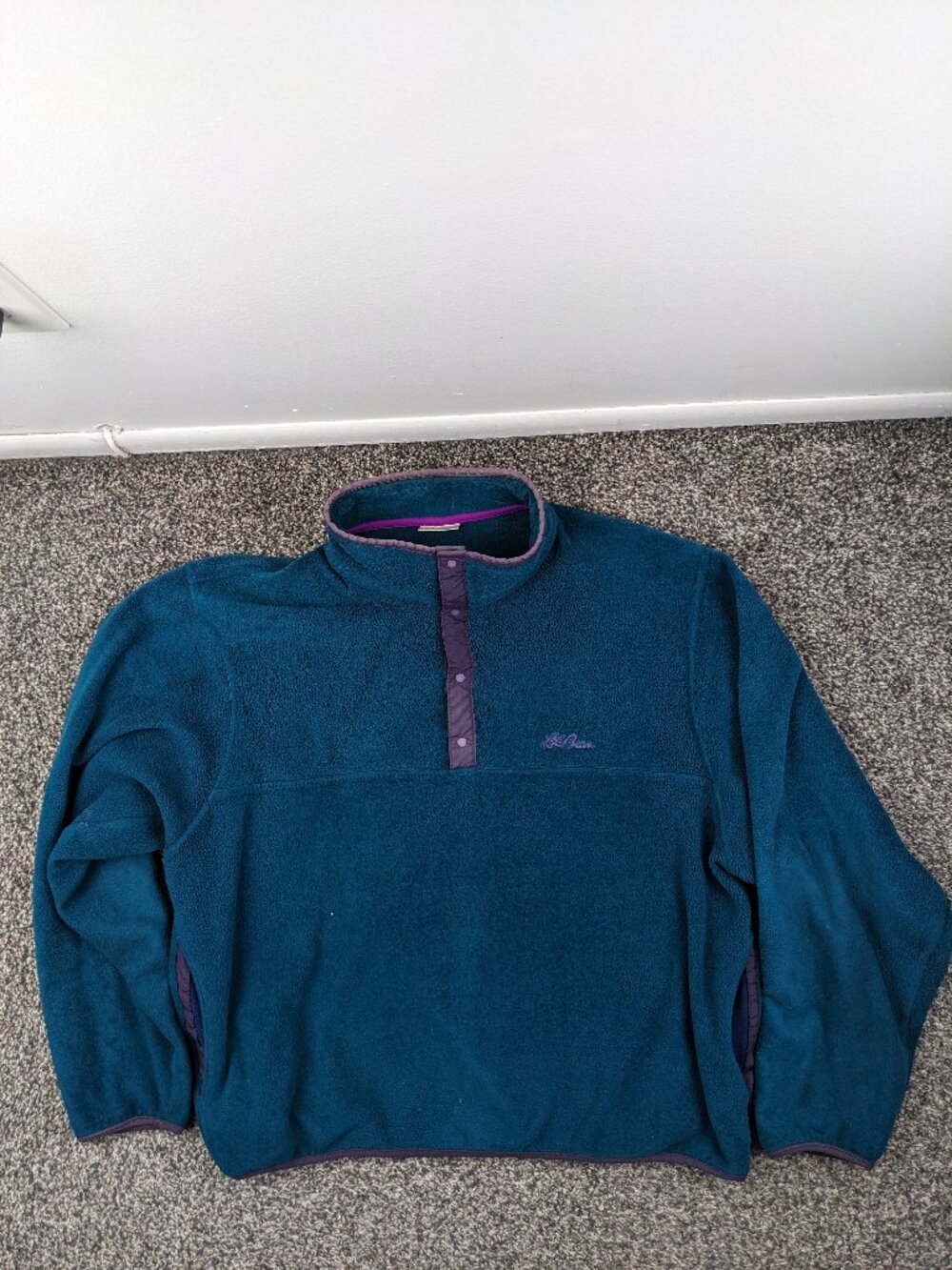 Vintage 90s LL Bean Jacket Mens L Teal Snap T Fleece Pullover Script Logo USA